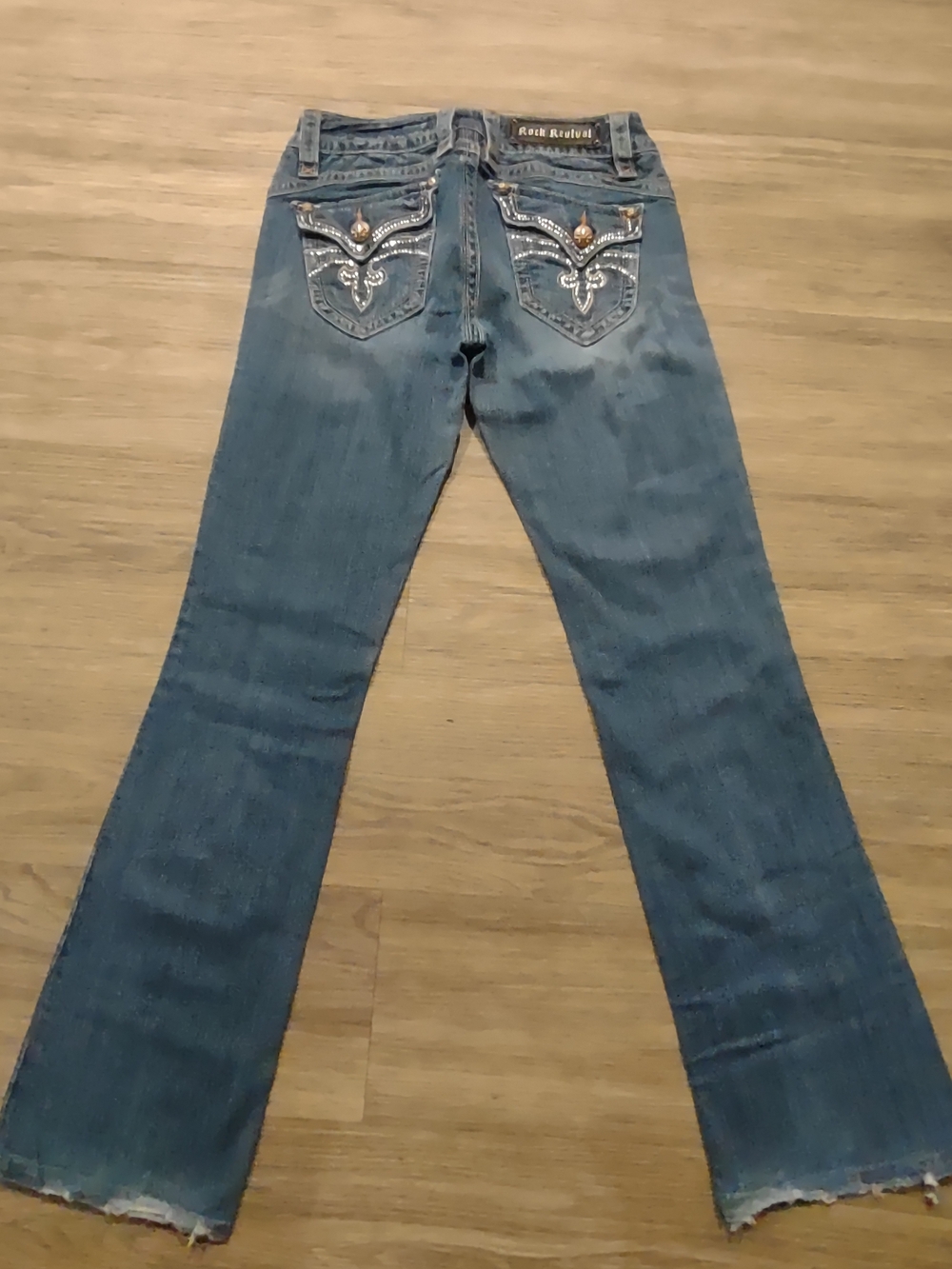 Rock Revival Blue Denim Flare Jeans with Embellished Back Pockets